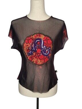 JNCO JEANS Vintage Red Foil Mesh Dragon Tee Size Medium